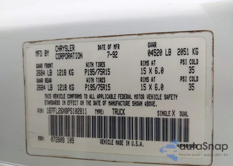 1993 Dodge Dakota из США, поврежденный, VIN 1B7FL26X8PS102811